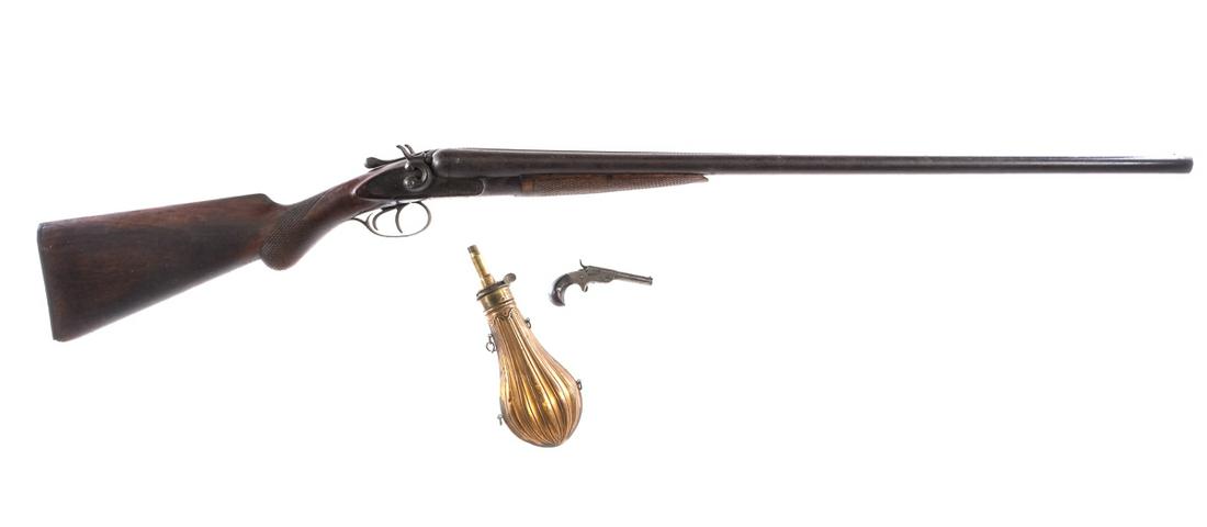 Estate Shotgun / Pistol Powder Flask 3 Pcs Lot: Description Estate found shotgun, pistol and powder flask group. Single shot pistol unknown maker in .22 Short with a 2.75" barrel. Wood grip plates. Checkered trigger and hammer. A.M. Flask Company c