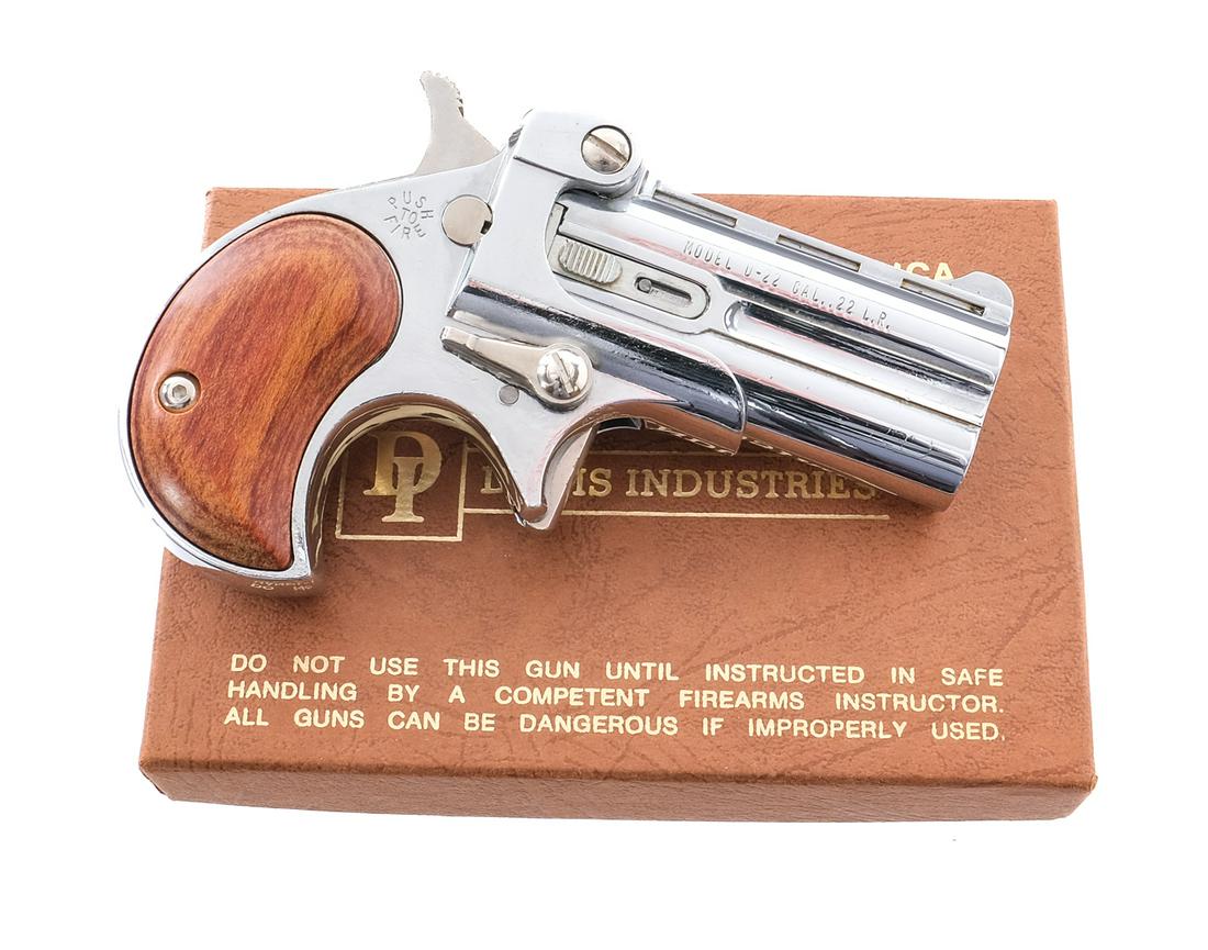 Davis DM-22 .22 Long Rifle Derringer Pistol: Description Davis DM-22 chambered in .22 long rifle with a two-shot capacity and a 2.5" barrel. Chrome metal finished frame and ribbed double barrel. Wood grip plates. Smooth solid trigger and serrate