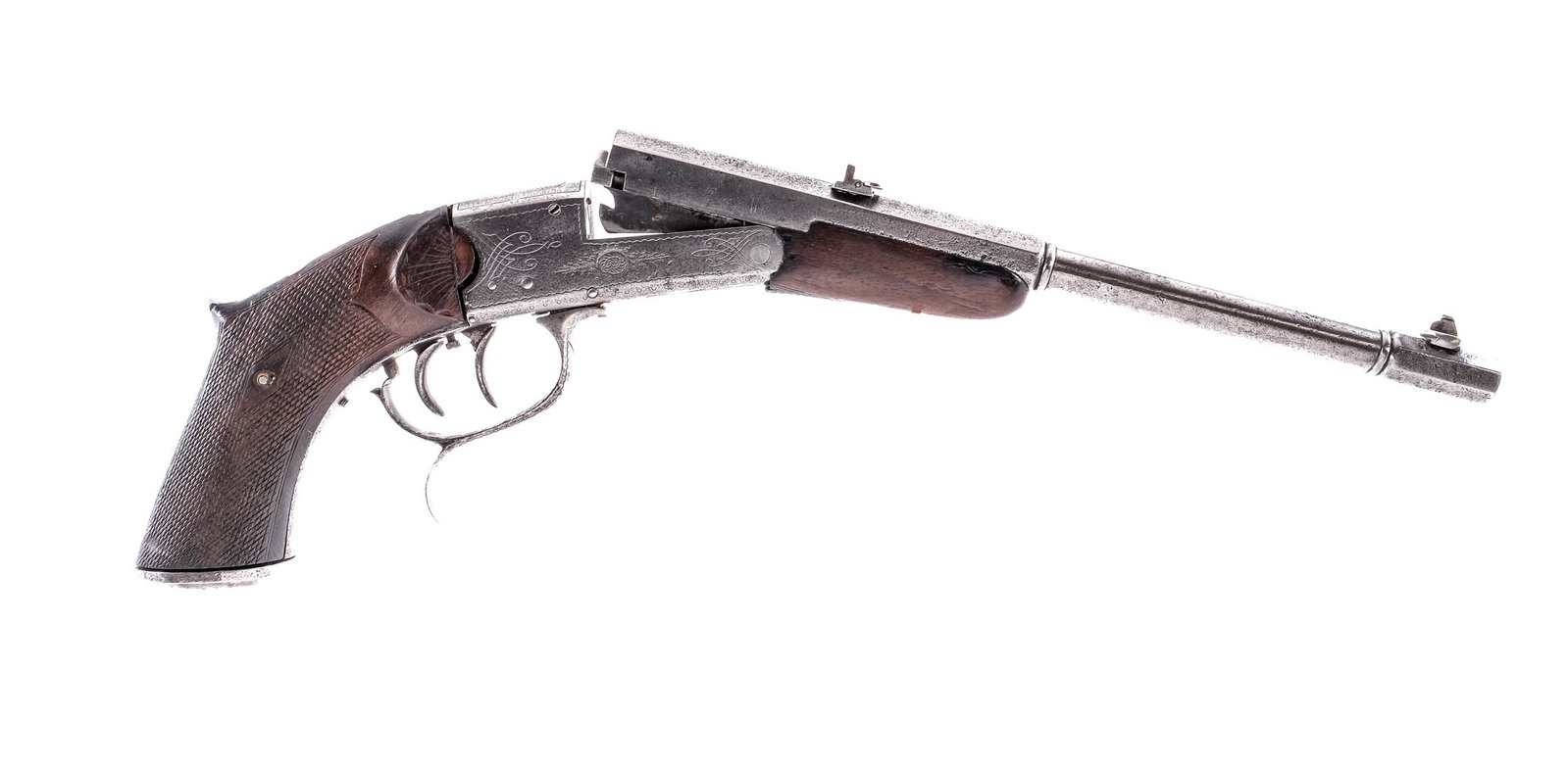 German Target Pistol .22 Single Shot Pistol: Description This lot is for one Unknown German made Top Break Target pistol in .22 caliber with a single round capacity and a 11.25" barrel. Checkered wood grip plate and front foregrip. Unfinished en