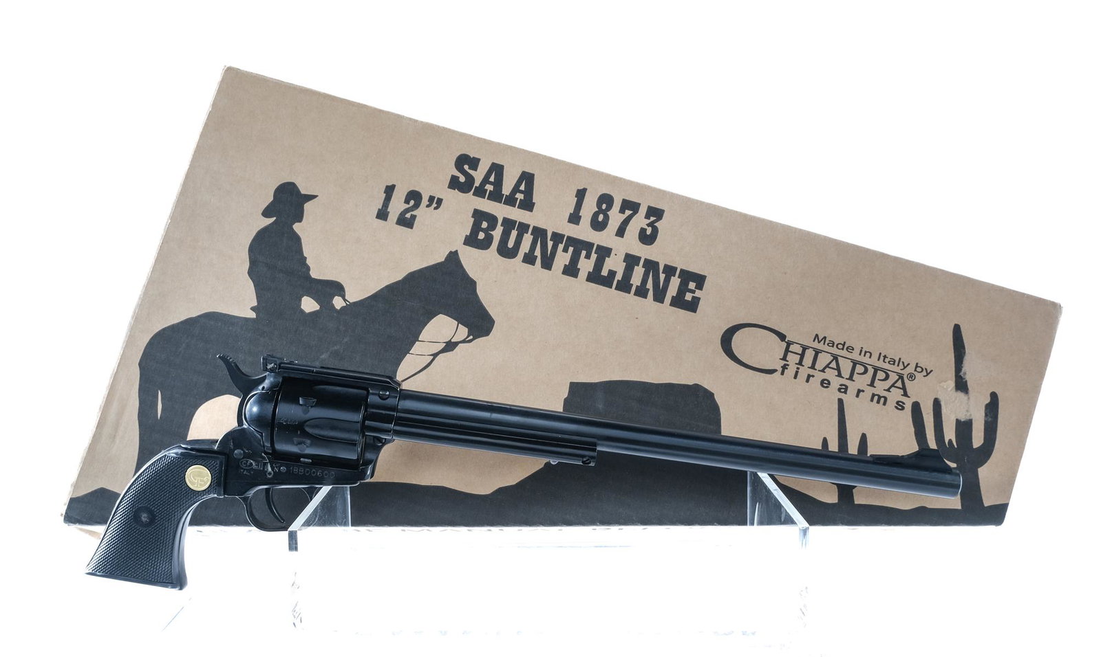 Chiappa SA Buntline .22 LR Revolver: Description Chiappa Single Action Army 1873 Buntline in .22 Long Rifle with a six round capacity and a 12" barrel. Checkered black composite grip plates. Blued trigger, frame, checkered hammer, cylind