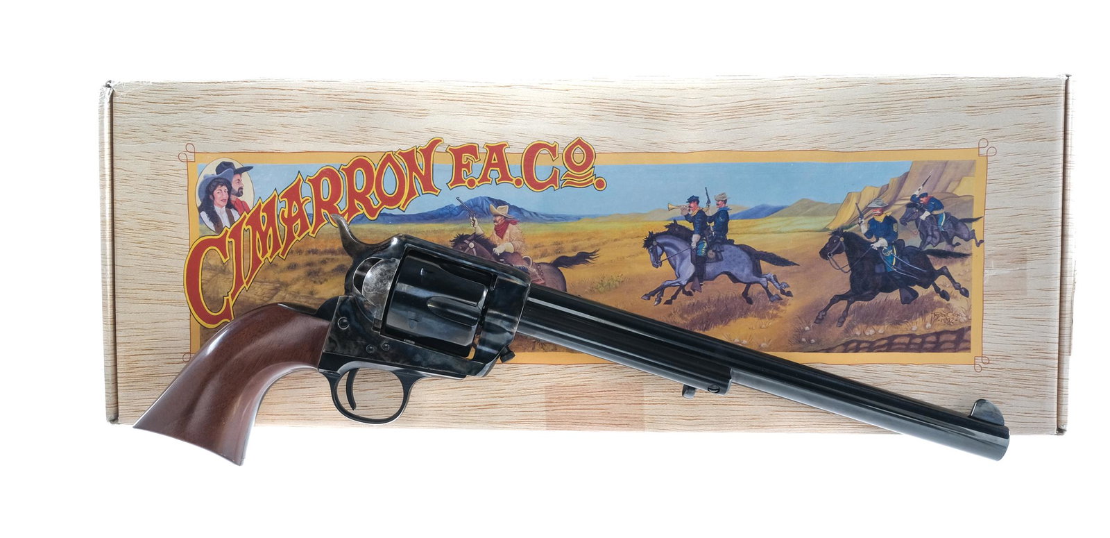 Cimarron 1873 Frontier .45 Colt SA Revolver: Description Cimarron 1873 Frontier Single Action in .45 Colt with a six round capacity and a 10" barrel. Marked Pietta made in Italy on the underside of barrel. Smooth wood grip plates. Blued trigger 