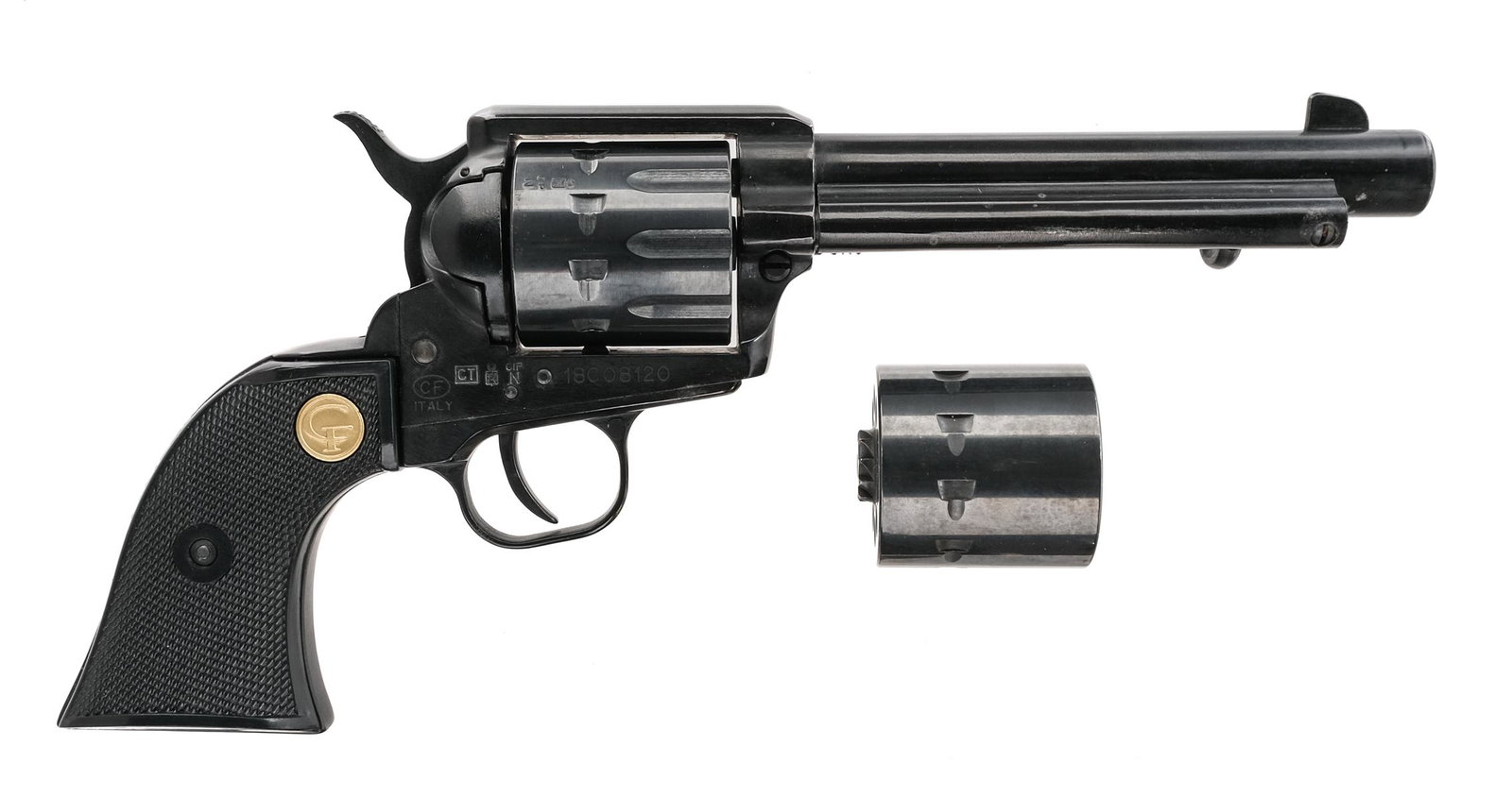 Chiappa SAA 22-10 .22 LR Revolver: Description Chiappa SAA 1873 22-10 in .22 Long Rifle with a ten round capacity and a 5.5" barrel. Made in Italy. Checkered composite grip plates. Blued frame, trigger, checkered hammer, cylinder and b