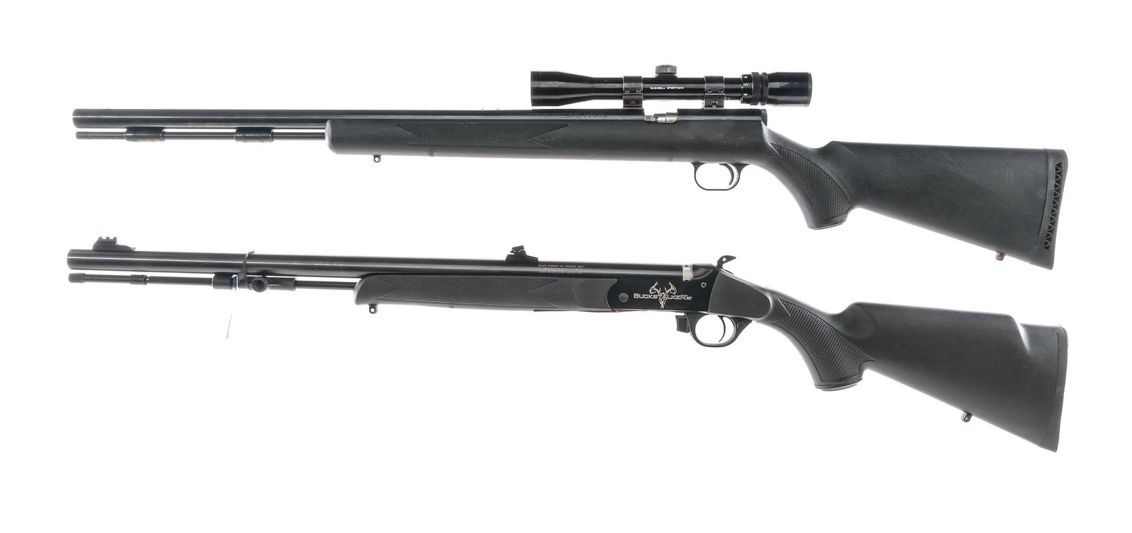 Estate Black Powder 2 Pcs Lot BP Rifles: Description Estate found black powder rifle lot with two pieces. Traditions Buckstalker XT Percussion in .50 caliber 1/28" with a single round capacity and a 24" barrel. Checkered composite stock and 