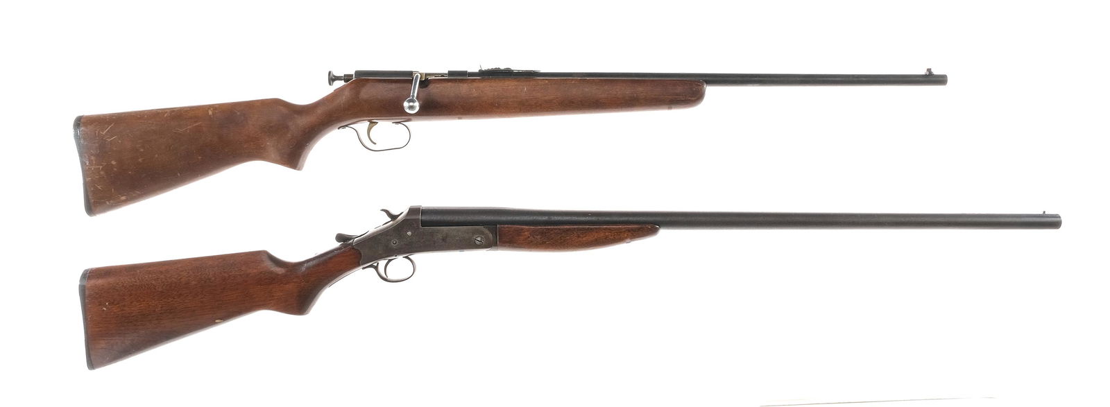 Estate Shotgun / Rifle 2Pcs Lot Long Guns: Description This lot is for two Estate found long guns. J.C. Higgins Model 103.18 in .22 Short, Long or Long Rifle with a single round capacity and a 24" barrel. Smooth wood stock and front forend. Bl