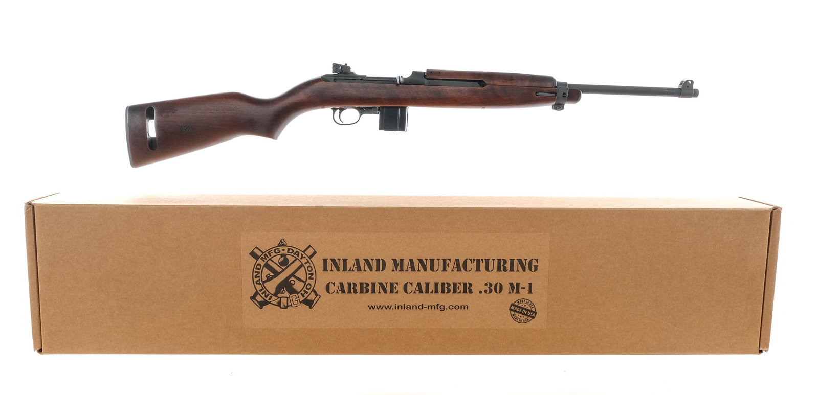 Inland M1 1944 Carbine .30 Carbine Semi Auto Rifle: Description Inland M1 1944 Carbine chambered in .30 Carbine with one, ten round magazine and a 18" 4 groove barrel. Parkerized finish and low wood walnut stock. Type 2 barrel band and round bolt. Cros