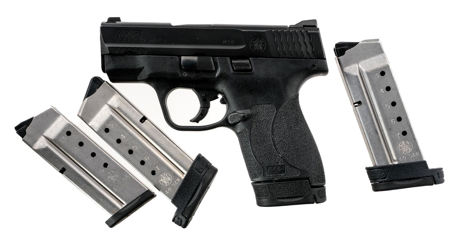 S&W M&P 40 M2.0 .40 S&W Semi-Auto Pistol: Description Smith & Wesson M&P Shield .40 M2.0 chambered in .40 S&W with three, seven round magazines, one, six round magazine and a 3.1" stainless steel barrel. Striker fired pistol with slim texture