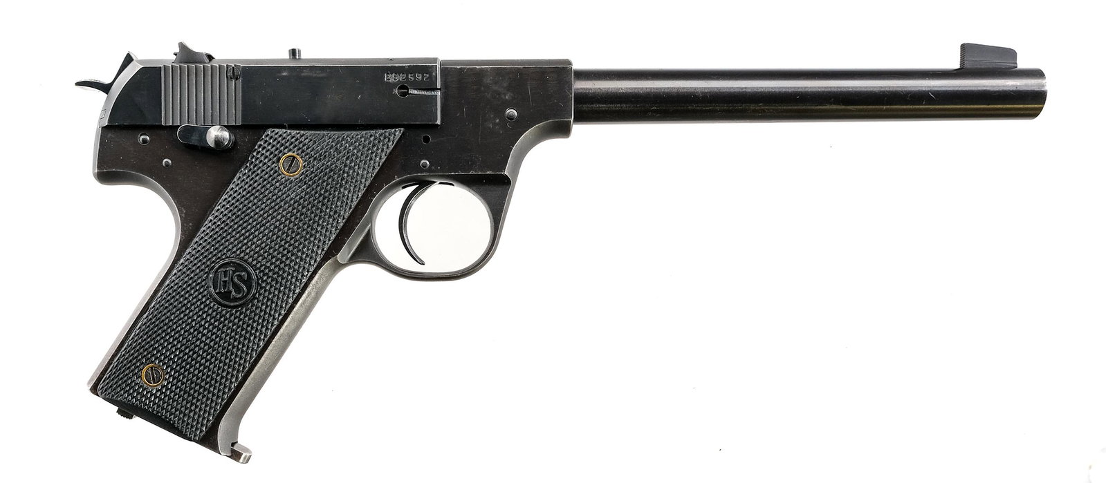 Hi Standard HB .22 LR Semi Auto Pistol: Description Hi Standard Model HB in .22 Long Rifle with one, ten round removable magazine and a 6.75" barrel. Checkered composite grip plates. Blued trigger guard, serrated trigger, checkered hammer, 