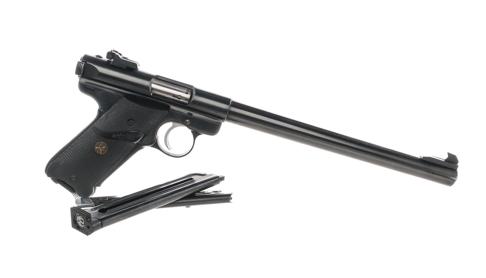 Ruger Mk II Target .22 LR Semi Auto Pistol: Description Ruger Mark II Target in .22 Long Rifle with three, ten round removable magazines and a 10" barrel. Checkered rubber Pachmayr grip. Blued trigger guard, frame, receiver and barrel. Serrated