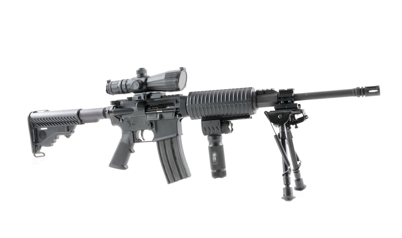 DPMS Model A-15 AR15 Semi Auto Rifle 5.56: Description DPMS model A-15 AR15 style semi auto rifle chambered in 5.56. This rifle features a 16-1/2" DPMS 1/9 barrel with break, bipod, oversized foregrip with rail and vertical tactical light/grip