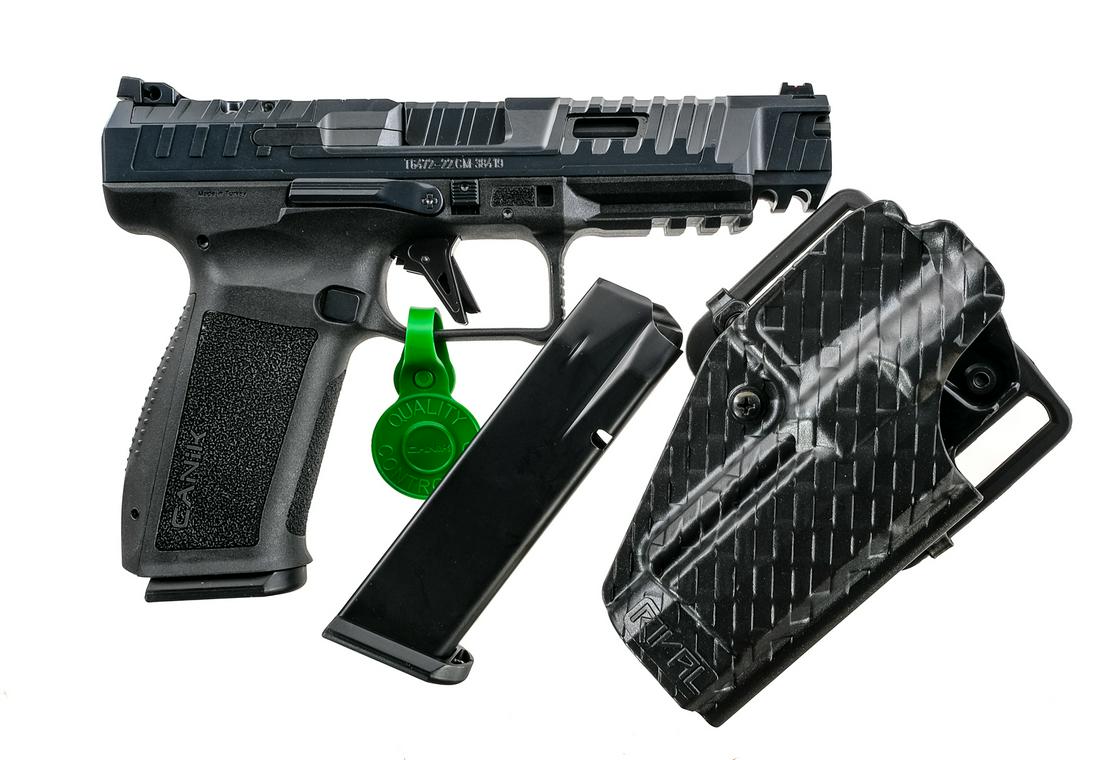 Canik SFX Rival 9mm Semi Auto Pistol: Description Canik SFX Rival in 9mm with two, eighteen round removable magazines and a 5" barrel. Made in Turkey. Textured composite grip on frame. Composite trigger. Blued metal ported slide and flute
