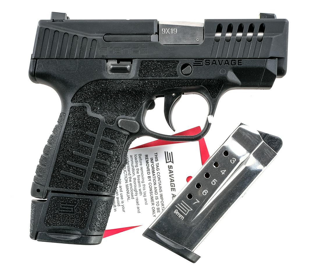 Savage Stance 9mm Semi Auto Pistol: Description Savage Stance in 9mm with one, seven round and one, ten round removable magazine with a 3" barrel. Textured composite grip on frame. Blued metal trigger and serrated ported slide. Lower fr