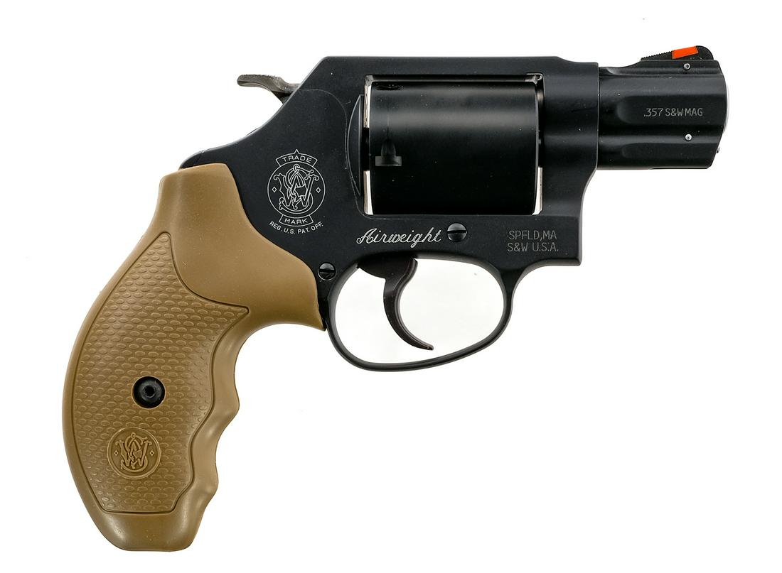 S&W 360 Airweight .357 Mag Revolver: Description Smith & Wesson 360 Airweight chambered in .357 magnum with a five-shot unfluted cylinder and a 1.875" barrel. Black Armornite finish with textured rubber FDE S&W grips. Checkered hammer an