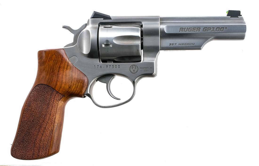Ruger GP100 Match Champion .357 Mag Revolver: Description Ruger GP100 Match Champion chambered in .357 magnum with a six-shot cylinder and a 4.20" barrel with an 11 degree target crown. Satin stainless finish with Hogue stippled hardwood target g