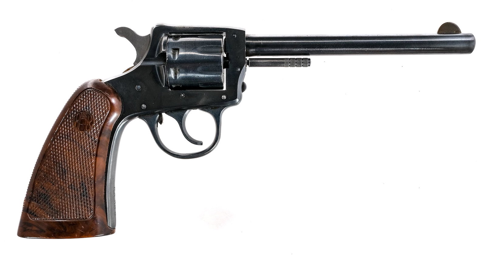H&R Arms 922 .22 LR Revolver: Description H&R Arms Model 922 in .22 Long Rifle with a nine round capacity and a 6" barrel. Double Action only. Checkered composite grip plates. Blued frame, trigger, trigger guard, serrated hammer, 