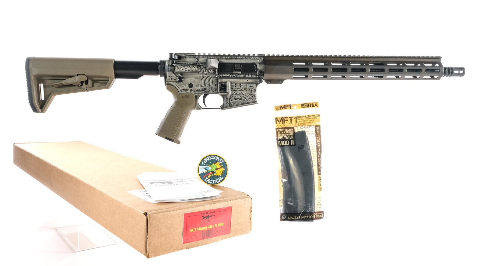 Shark Coast Tactical SCT-15 5.56 Semi Auto Rifle: Description Shark Coast Tactical SCT-15 chambered in 5.56x45mm with one, thirty round polymer MFT magazine and a 16" 1/7 twist barrel with an A2 flash hider. Carbine length gas system with low profile