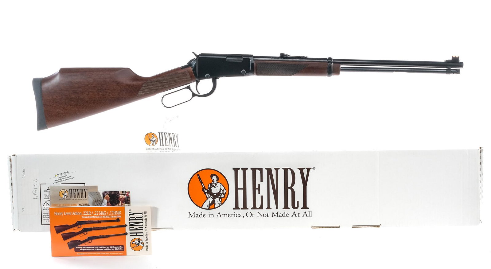 Henry Varmint Express .17 HMR Lever Action Rifle: Description Henry Varmint Express in .17 HMR Hornady Magnum Rimfire with a eleven round capacity and a 19.5" barrel. Textured rubber butt pad. Checkered wood stock and front forend. Blued hand lever, 