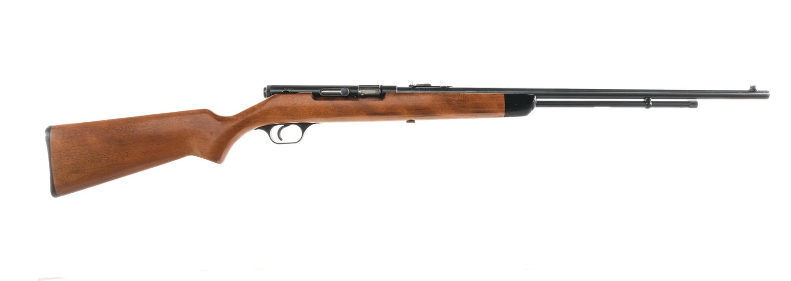 Stevens 87D .22 Semi Auto Rifle: Description Stevens Model 87-D in .22 Short, Long or Long Rifle with a varied capacity and a 24" barrel. Serrated composite butt plate. Smooth wood stock and front forend. Black finished trigger guard
