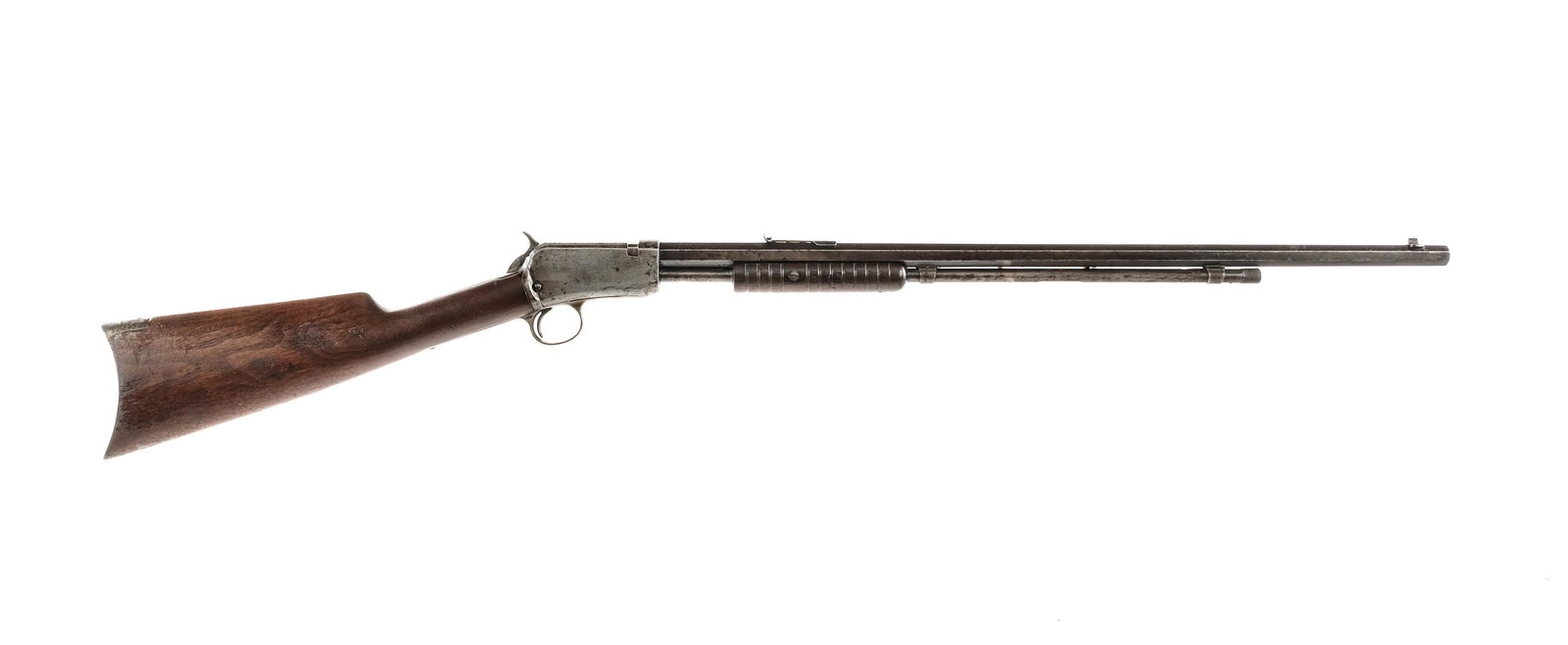 Winchester 1890 .22 WRF Pump Action Rifle: Description Winchester Model 1890 Take-Down in .22 Winchester Rimfire with a twenty two round capacity and a 24" barrel. Contoured metal butt plate. Smooth wood stock and serrated front foregrip. Fini