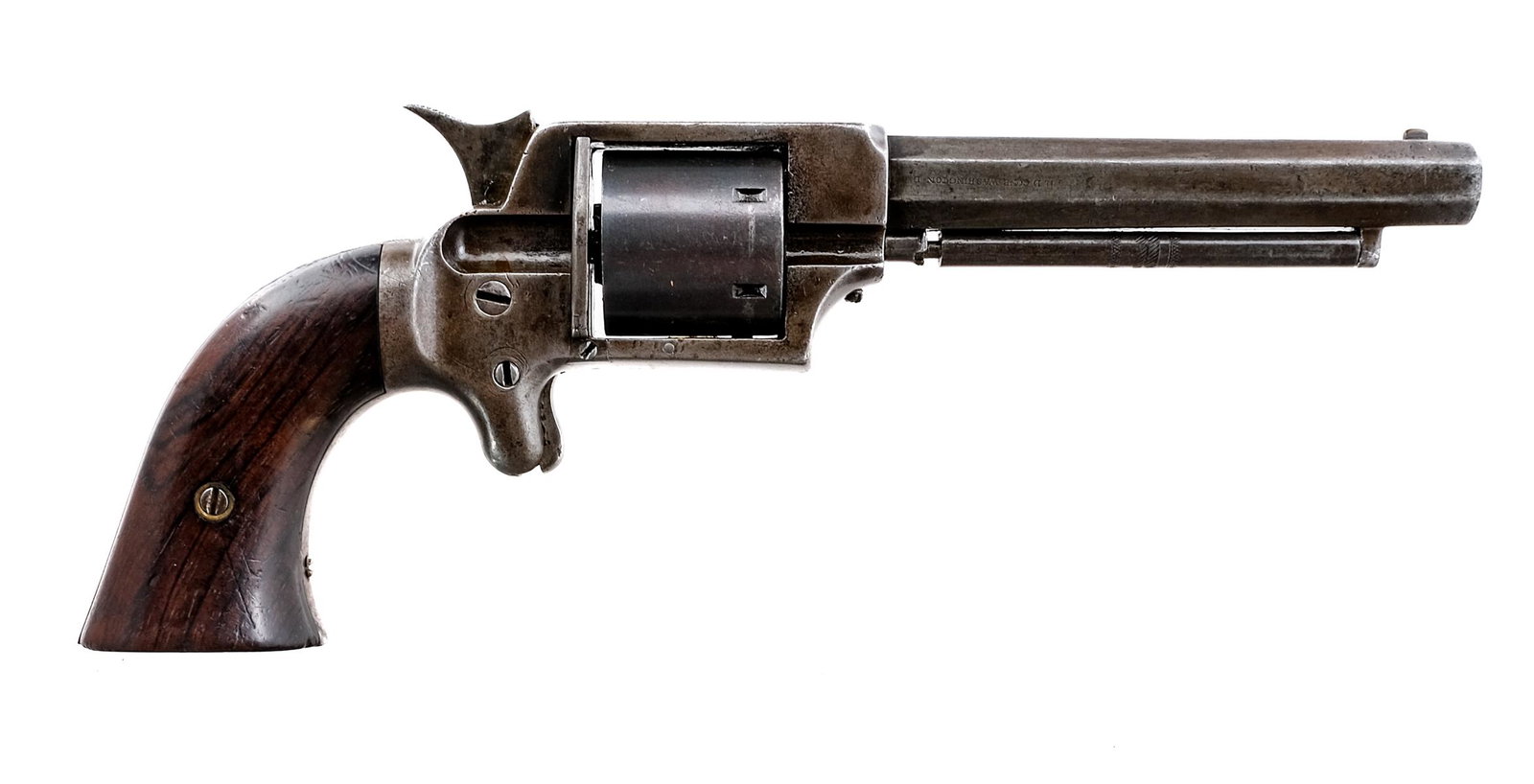 William Uhlinger .32 RF Revolver: Description William Uhlinger in .32 Rimfire with a six round capacity and a 4.75" octagon barrel. Smooth wood grip plates. Finish worn blued frame, cylinder, trigger, checkered hammer and barrel. Unde