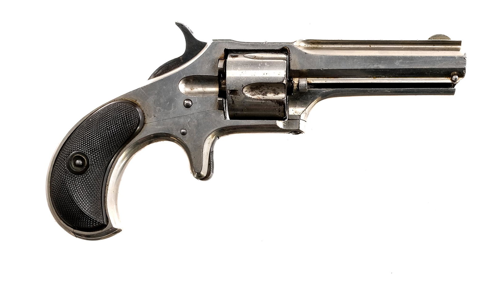 Remington Smoot 2 .30 RF Revolver: Description Remington Smoot #2 in .30 Rimfire with a five round capacity and a 2.75" barrel. Checkered composite grip plates. Nickel finished frame cylinder and barrel. Blued checkered trigger and ham