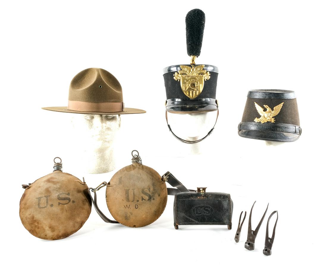 Estate Militaria Lot 9Pcs Hats / Ephemera: Description Update: No Kepi, Two Shako Style hats. Estate Military ephemera lot with nine assorted pieces. Two U.S. Civil War/Indian Wars canteens. Canvas covered with wooden corks on chains. One come