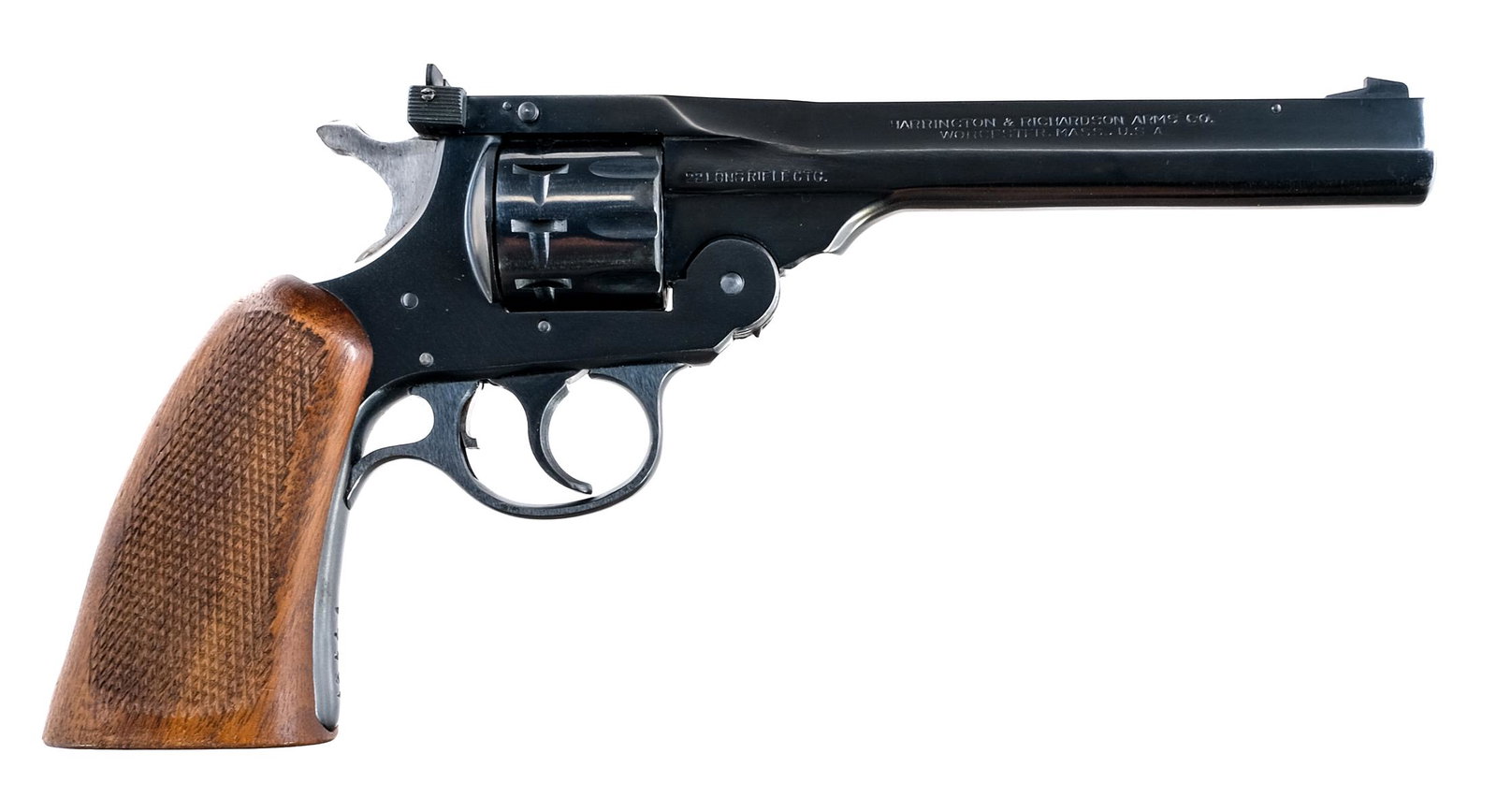 H&R Sportsman 999 .22 LR Double Action Revolver: Description Harrington & Richardson Sportsman Double Action 999 in .22 Long Rifle with a nine round capacity and a 6" barrel. Checkered wood grip. Blued trigger guard, serrated trigger, cylinder and b