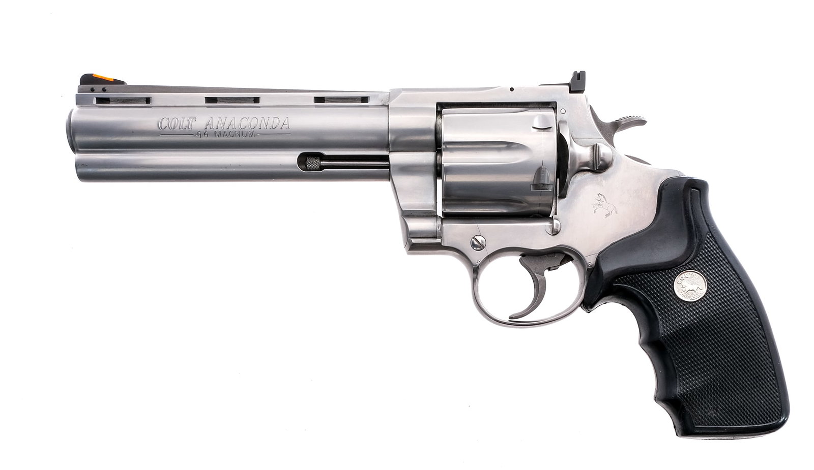 Colt Anaconda .44 Magnum Double Action Revolver: Description Wildey-owned Colt Anaconda chambered in .44 Magnum with a six-shot cylinder and a 6" vented rib barrel. Manufactured in 1992 with serial number MM17983. Stainless steel barrel, frame, flut