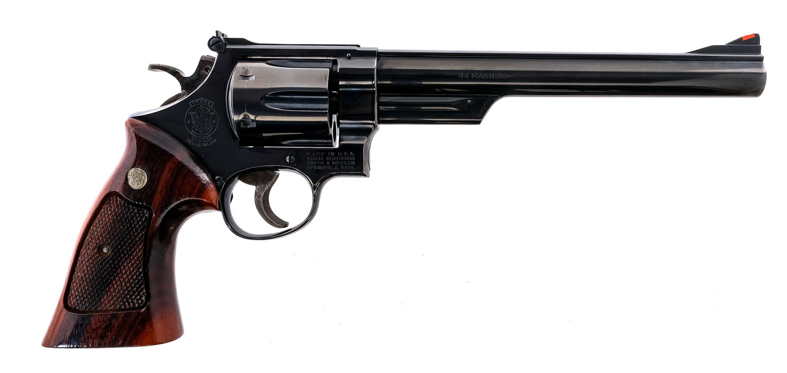 Smith & Wesson 29-2 .44 Magnum Revolver: Description Smith & Wesson 29-2 chambered in .44 Remington Magnum with a six-shot cylinder and a 8 3/8" ribbed barrel. Blued barrel, frame, cylinder, and checkered cylinder release. Three T's with pin