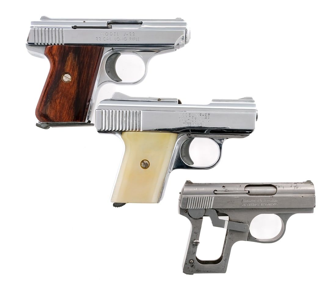 Pocket Pistol Lot 3 Pcs .22 LR & .25 ACP Pistols: Description This lot is for 3 semi-automatic pocket pistols: The first is a Jennings model J-22 chambered in .22 Long Rifle with one, 6 round removable magazine and a 2.5" barrel. The 2nd is a Raven A