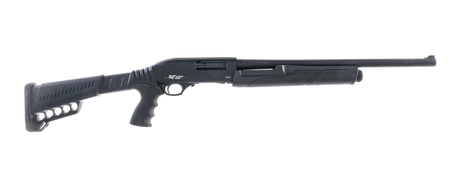 GForce Arms GF2P 12Ga Pump-Action Shotgun: Description GForce Arms model GF2P pump-action shotgun chambered in 12 gauge 3" with a 20" fixed MOD choke barrel and 5 round capacity. Made in Turkey by Francolin model PAX 12 imported by GForce. Ano