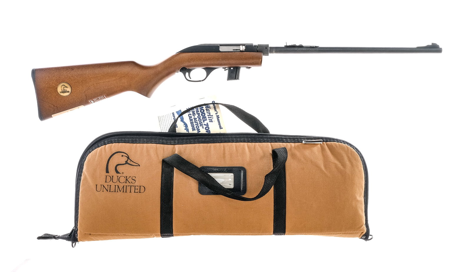 Marlin 70P Ducks Unlimited .22LR Semi Auto Rifle: Description Marlin model 70 P "Papoose" Ducks Unlimited chambered in .22 long rifle with one removable magazine and a 16.5" blued barrel. This rifle can be easily taken down just by unscrewing the bar