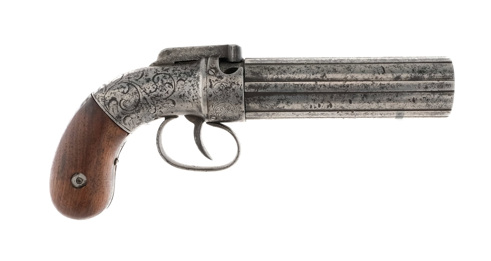 Allen & Thurber Pepperbox Pistol: Description Allen & Thurber in .32 caliber with a six round cylinder capacity and a 4" barrel. Revolving smooth bore cylinder. Smooth wood grip plates. Scroll engraved frame. Untextured trigger and ha