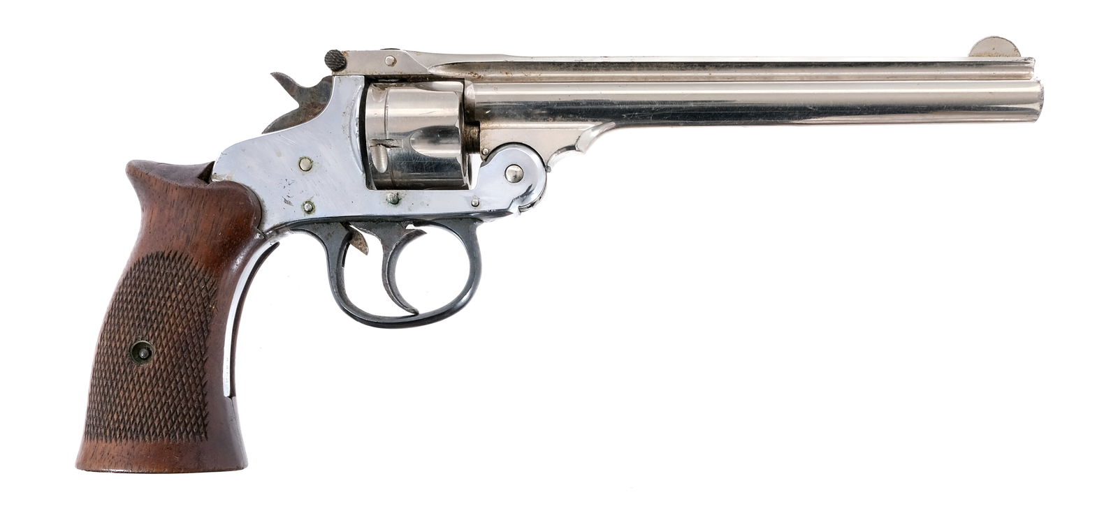 H&R Top Break .32 S&W Revolver: Description Harrington & Richardson top-break revolver in .32 Smith & Wesson with a 5 shot capacity and 6" barrel. Checkered wood grip plates. Nickel plated frame, barrel, and cylinder. Case colored c