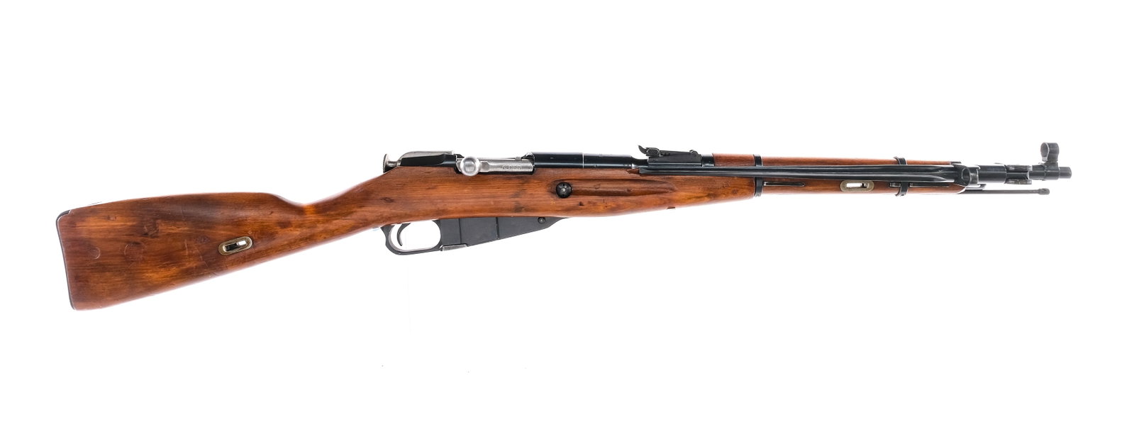 Mosin Nagant M44 Carbine 7.62x54R Bolt Rifle: Description Mosin Nagant M-44 Carbine in 7.62x54R with a five round capacity and a 20" barrel. Izhevsk Arsenal marked made in 1946. Blued metal butt plate. Smooth wood stock. Blued trigger guard, trig