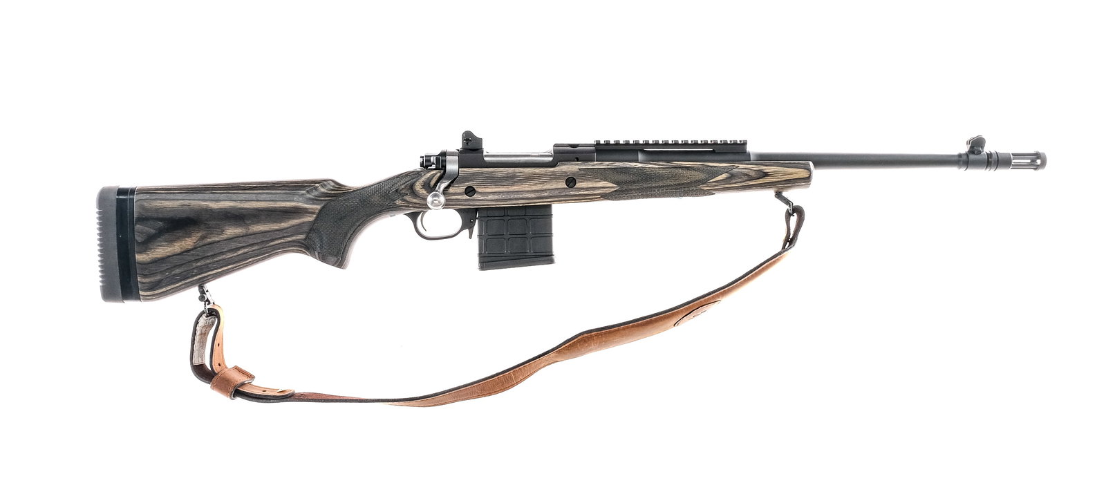 Ruger M77 Gunsite Scout .308 Bolt Action Rifle: Description Ruger M77 Gunsite Scout chambered in .308 Winchester with one, ten round removable magazine and a 16.10" cold hammer forged barrel with a flash suppressor. Matte black finished barrel and
