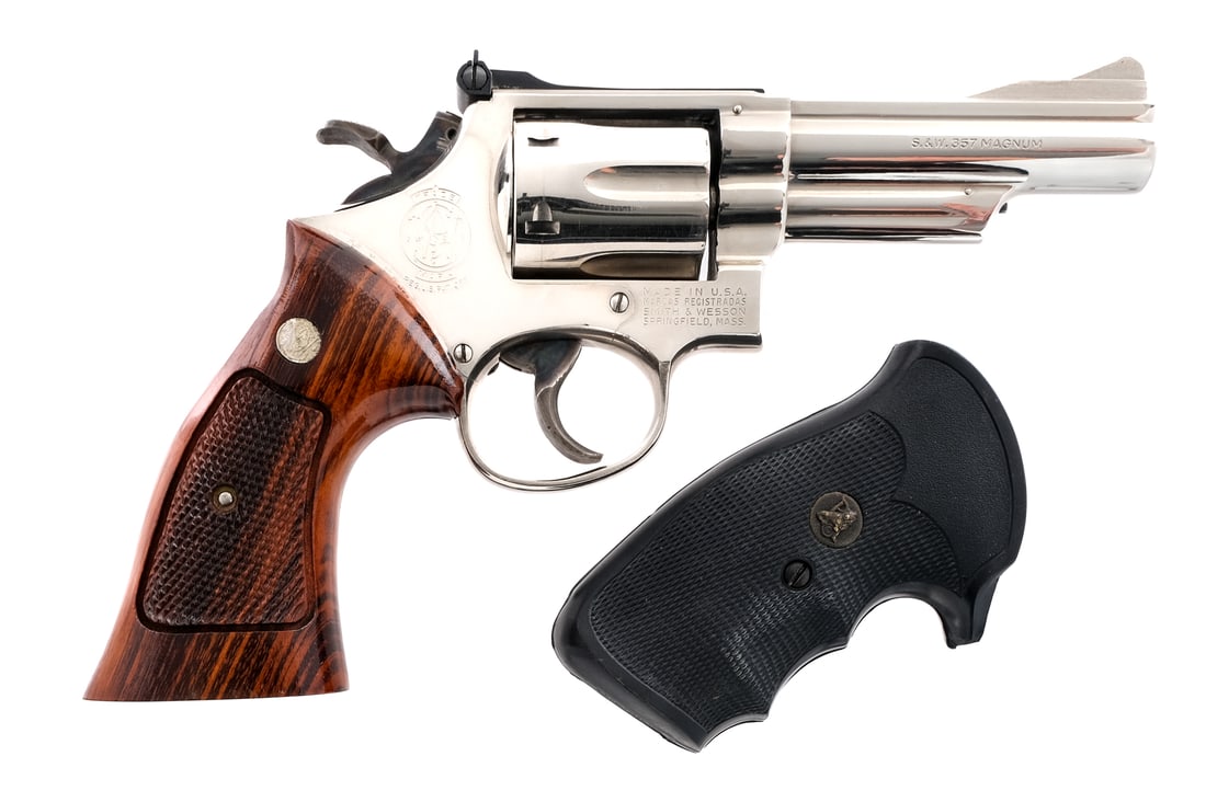 Smith & Wesson 19-3 .357 Mag Revolver: Description UPDATE: Nickel Finished. Smith & Wesson 19-3 double action revolver chambered in .357 Magnum with a six-shot cylinder and a 4" pinned barrel. Polished stainless barrel, frame, fluted cylin