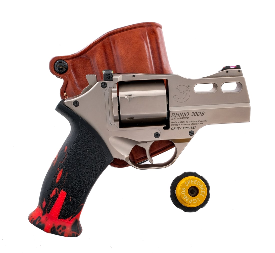 Chiappa Rhino 30DS .357 Magnum Revolver: Description Chiappa Rhino 30DS chambered in .357 magnum with a six-shot cylinder and a 3" barrel. Double/single action revolver with stainless steel frame, cylinder, trigger, and hammer. Custom textur