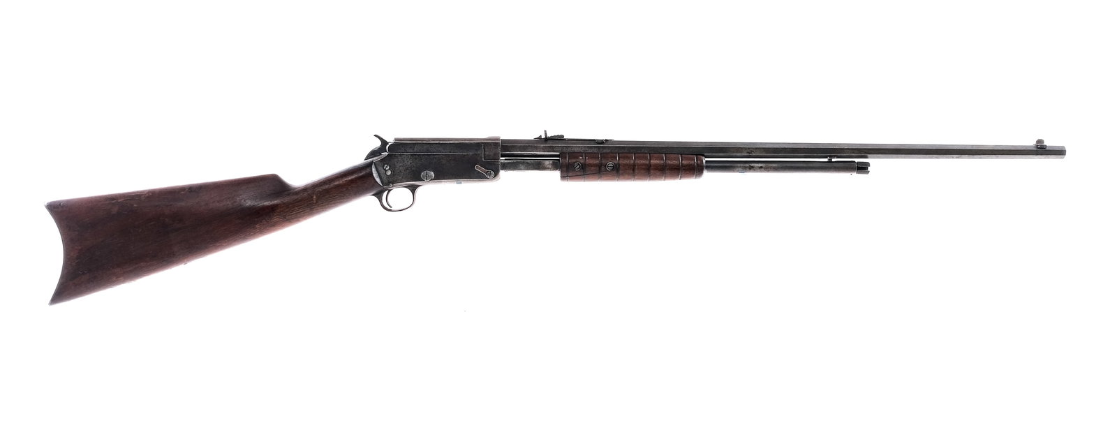 Marlin 27S .25 Rimfire Pump Action Rifle: Description Marlin 27-S takedown chambered in .25 Rimfire that accepts a tube magazine and has a 24" octagonal barrel. Patinated blued finish, ribbed wood forend, and straight wood stock with crescent