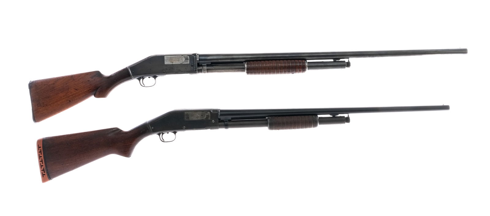 Marlin 43/44 12Ga 2 Pcs Lot Pump Shotgun: Description This lot is for two Marlin pump action shotguns. Marlin Model 43 in 12 gauge with a five round capacity and a 30" barrel. Smooth wood stock and serrated front forend. Blued receiver and ba
