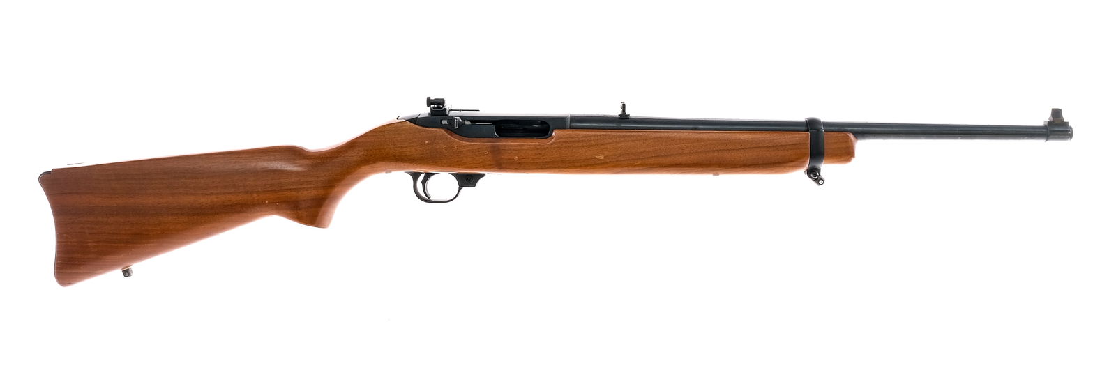 Ruger Carbine .44 Mag Semi Auto Rifle: Description Ruger Carbine in .44 Magnum with a four round capacity and a 18.5" barrel. Blued metal butt plate. Smooth wood stock. Blued trigger guard, trigger, receiver and barrel. Right side of recei