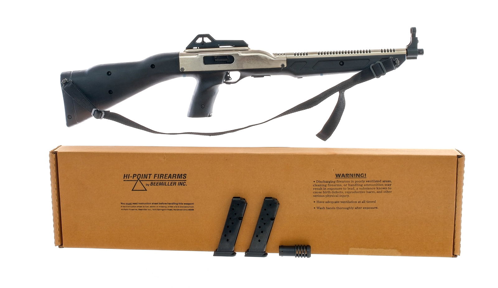 Hi Point Carbine 995 9mm Semi Auto Rifle: Description Hi-Point Carbine Model 995 in 9mm with three, ten round removable magazines and a 16.5" barrel with a removable 2.5" ported muzzle device. Black composite pistol grip stock and trigger. Ni