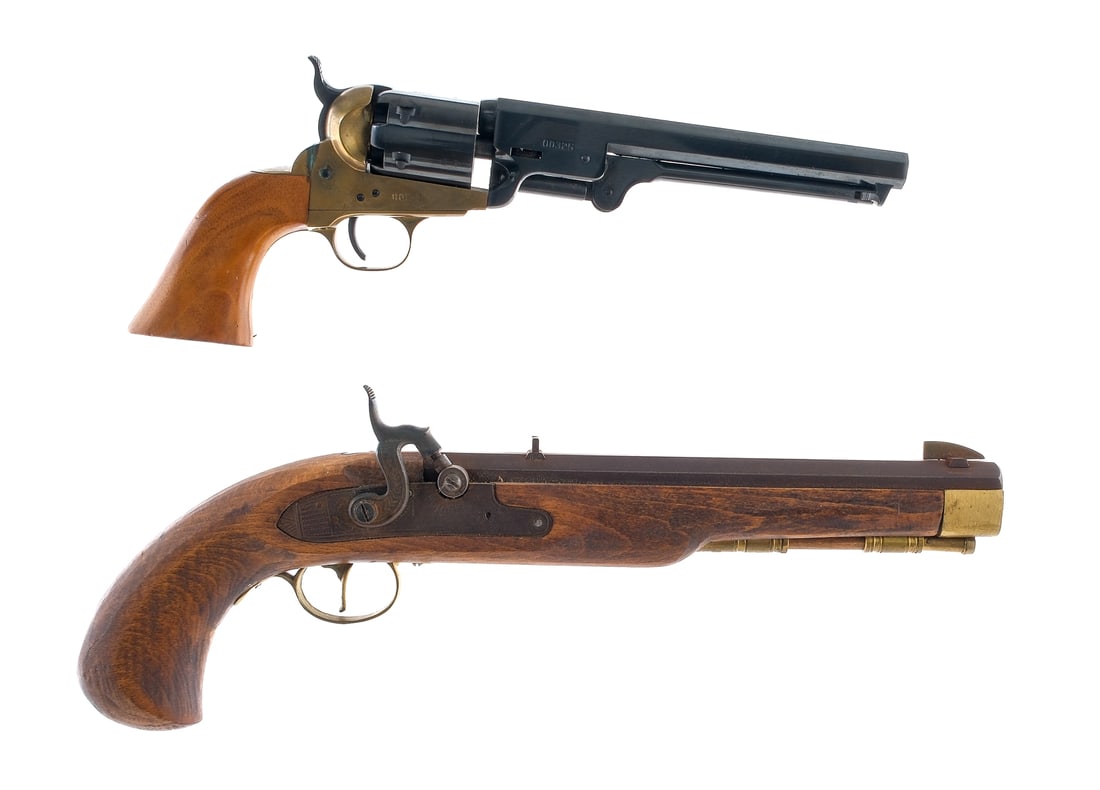 Estate Black Powder Handgun Lot .36/.45 Cal 2Pcs: Description This lot is for two black powder handguns. The first is a High Standard single action revolver chambered in .36 caliber with a 7.5" barrel. Blued barrel, cylinder, and controls. Brass fram