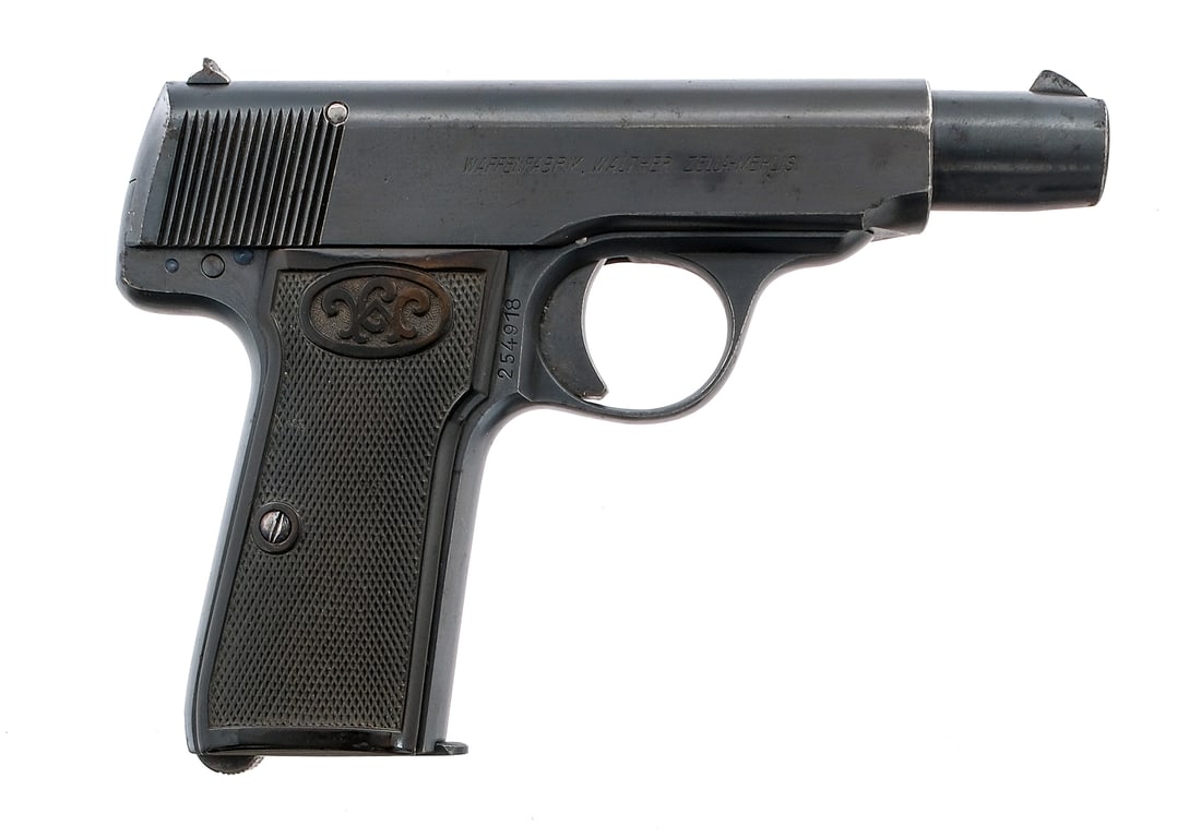 Walther Model 4 .32 Semi Auto Pistol: Description Walther Model 4 in 7.65mm which is .32 caliber with one, eight round removable magazine and a 3.5" barrel. Checkered composite grip plates. Blued solid trigger, frame, serrated slide and b
