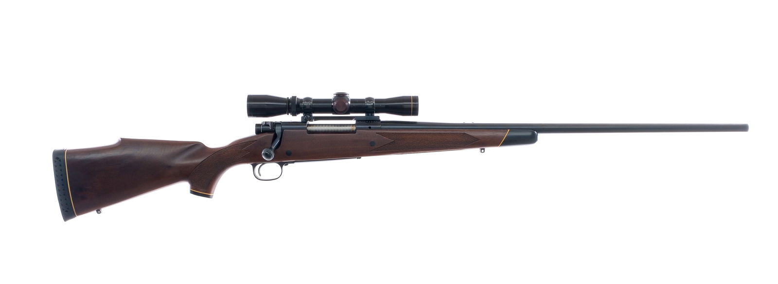 Winchester 70 .338 Win Mag Bolt Action Rifle: Description Winchester model 70 chambered in .338 Winchester Magnum with a three round internal hinged magazine and a 24" barrel. Manufactured in 1972 with serial number G1074657. Blued barrel, receiv