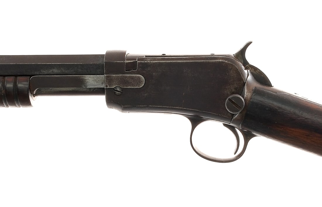 Winchester 90 .22 Short Pump Action Rifle: Description Winchester Model 90 Take-Down in .22 Short with a twenty two round capacity and a 24" octagon barrel. Contoured metal butt plate. Smooth wood stock and serrated front forend. Blued trigger
