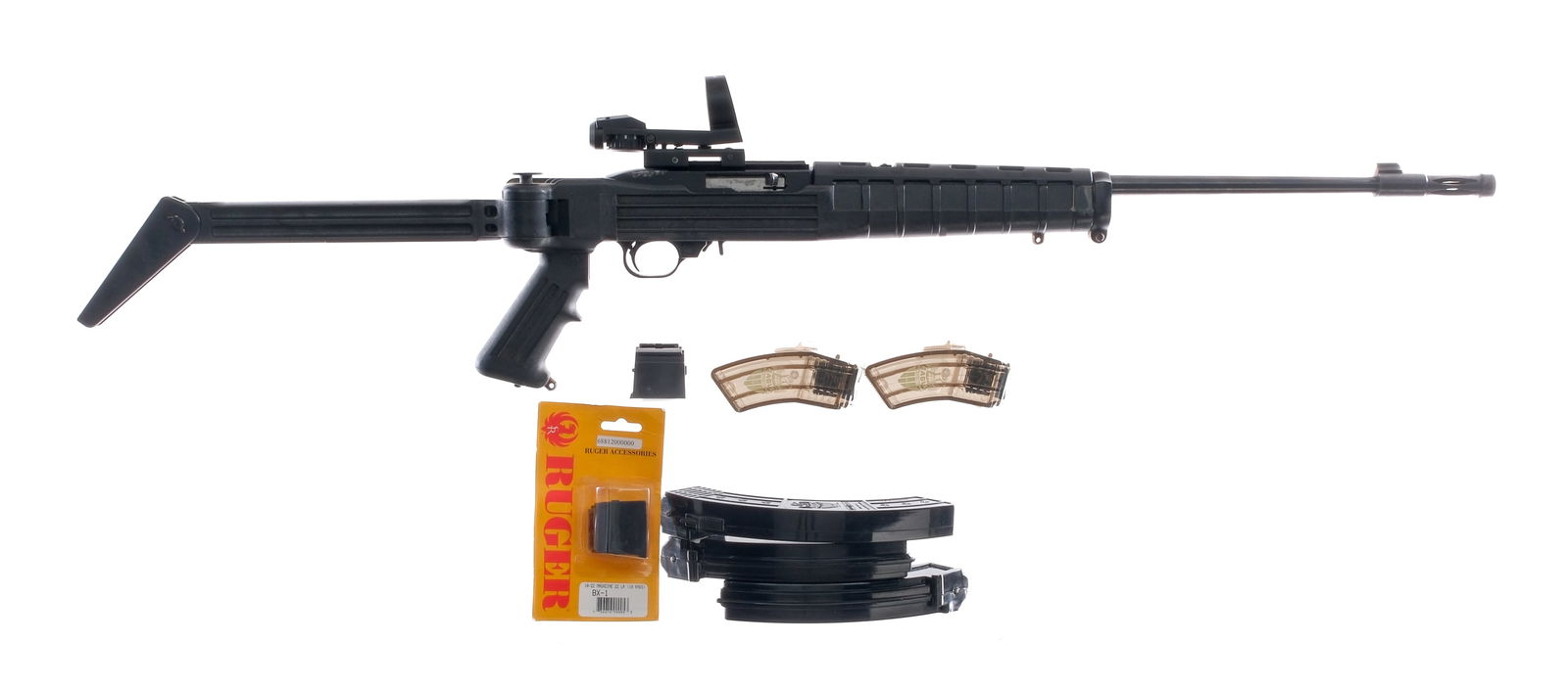 Ruger 10/22 .22 LR Semi Auto Rifle: Description Ruger 10/22 semi automatic rifle chambered in .22 LR with a 21" barrel and eight magazines. Features Ram-Line black synthetic folding stock with vented receiver cover, ribbed foregrip, pis