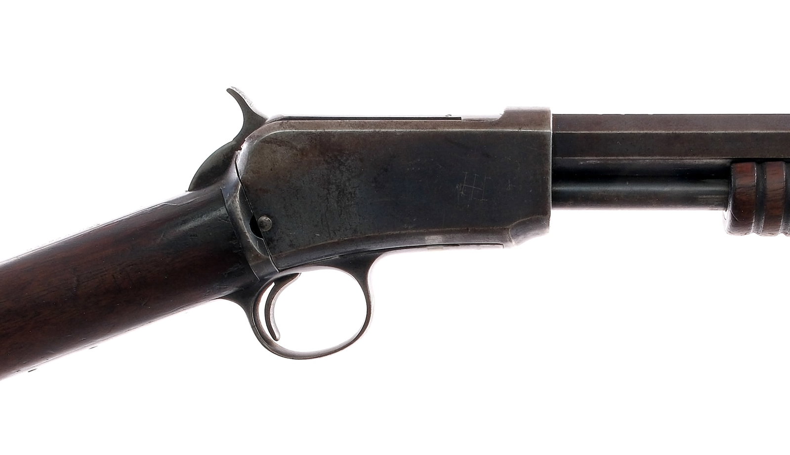 Winchester 1890 .22 Short Pump Action Rifle: Description Winchester Model 1890 Take-Down in .22 Short with a twenty two round capacity and a 23.75" octagon barrel. Contoured metal butt plate. Smooth wood stock and serrated front forend. Blued tr