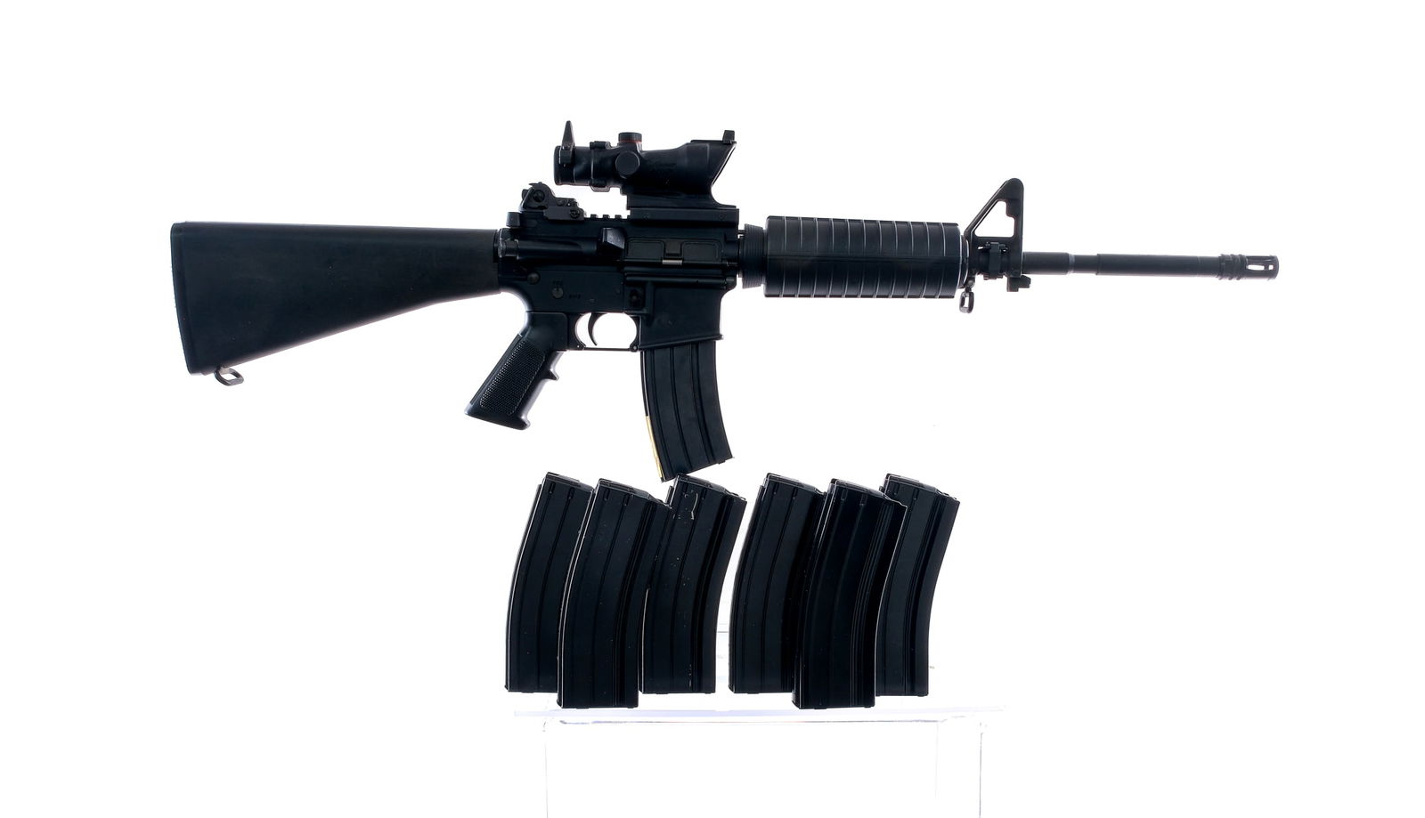 Stag Arms Stag-15 6.8 SPC Semi Auto Rifle: Description Stag Arms Stag-15 chambered in 6.8 SPC with seven, twenty five round magazines and a 16.5" 1/10 twist Stag Arms barrel with A2 flash suppressor. A2 style front gas block with bayonet lug a