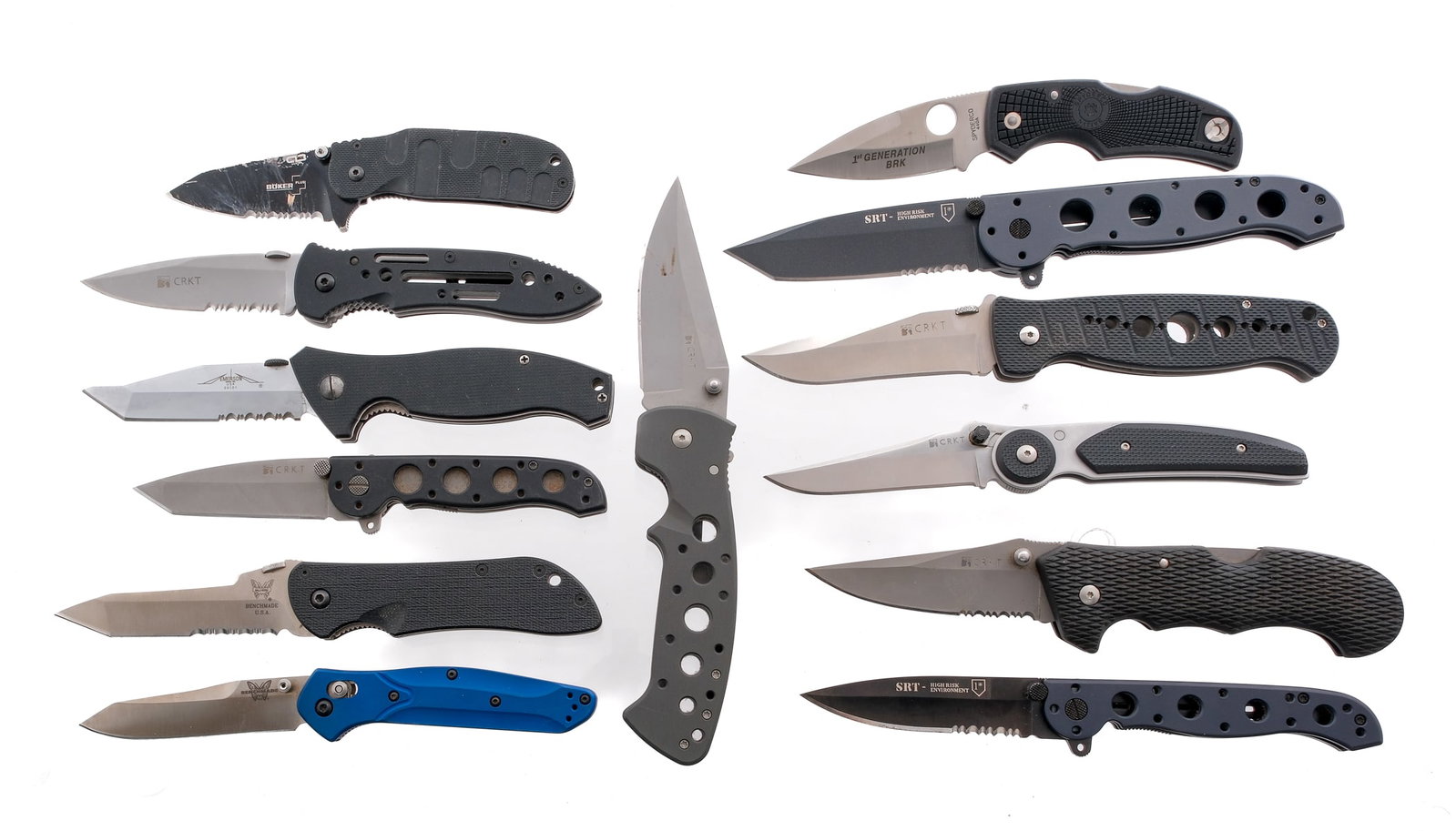 Benchmade, CRKT, Estate Knife Lot 13 Pcs Knives: Description Estate lot with thirteen assorted locking folding knives. Benchmade U.S.A. Bali-Song Elishewitz with a 3.5" blade. CRKT M16-13LE SRT High Risk Environment 1* with a 3.5" blade. Spyderco 1s