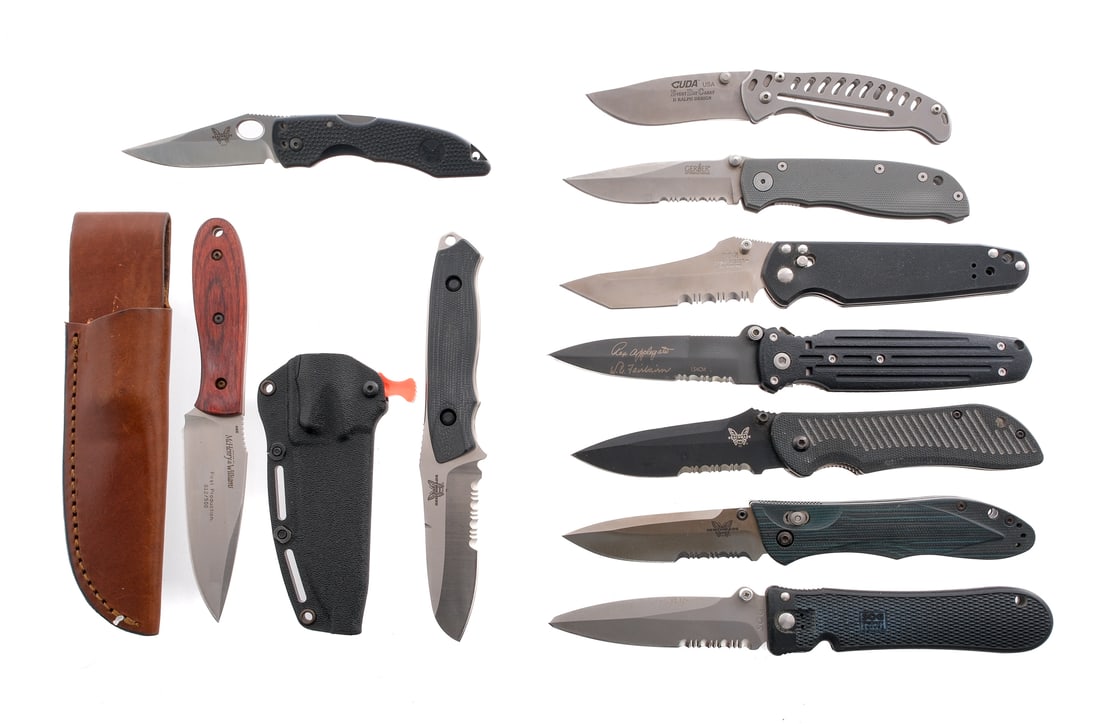 Benchmade, Sog Estate Knife Lot 10 Pcs Knives: Description This lot is for ten assorted knives. SOG Specialty Knives locking folder with a 3.75" blade. Gerber U.S.A. Covert Folder with a 4" blade. Benchmade D2 with a 3.75" blade. Benchmade 154CM E